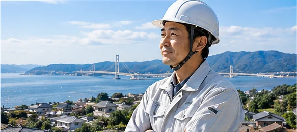 淡路島の海と住宅地を背景にした職人のイメージ